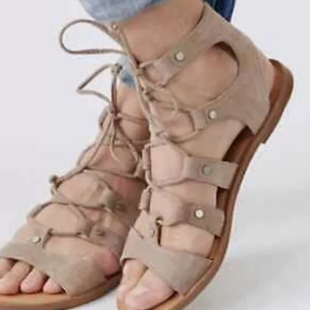 DOLCE VITA JASMYN GLADIATOR BROWN SUEDE SANDALS COMFORT SOLE TIE STRAPS SIZE 6.5